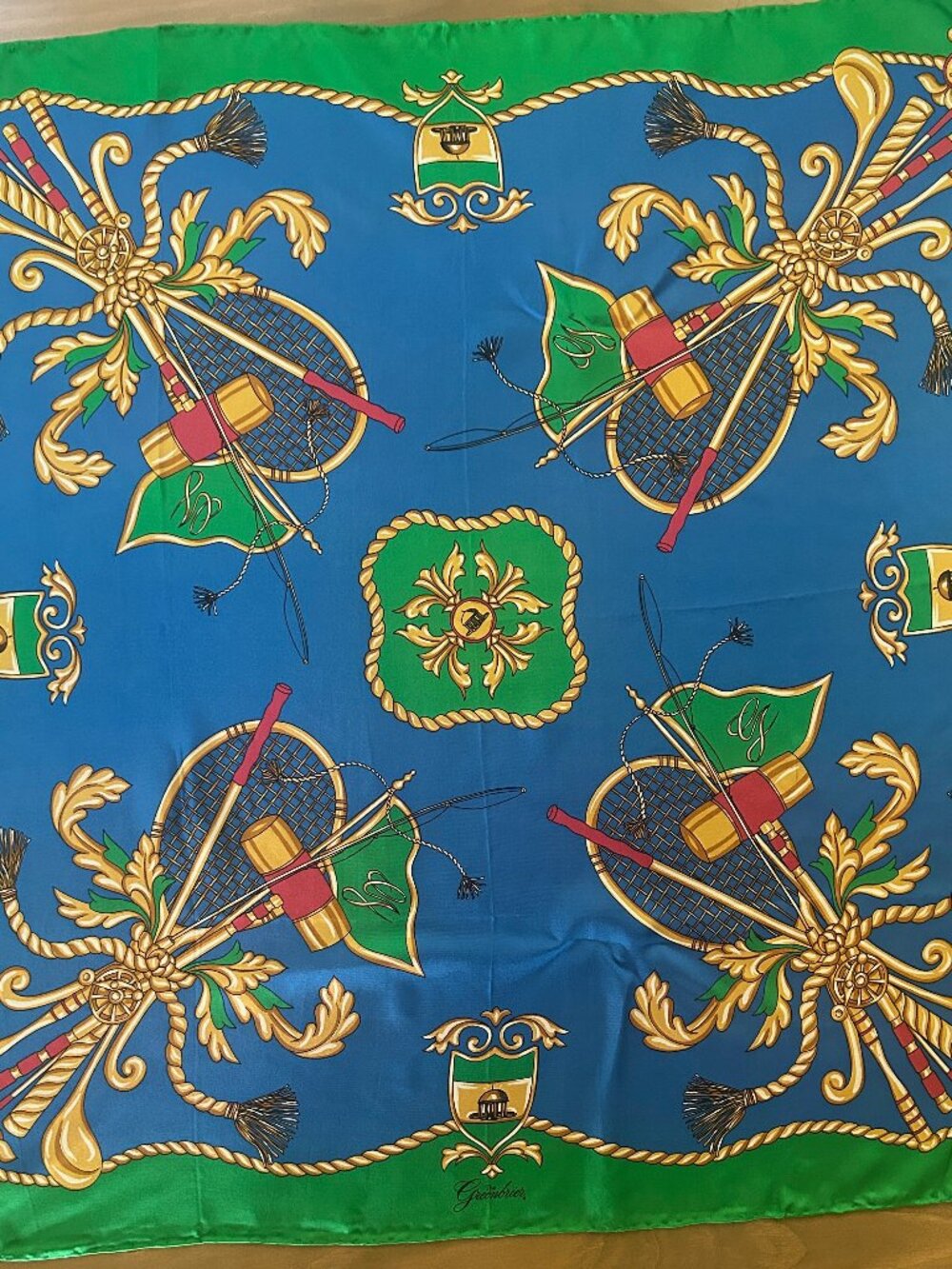 Vintage Greenbrier Silk Scarf Tennis Golf Croquet Green Blue Signed Margo Klass